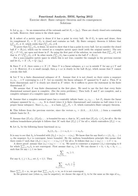 Functional Analysis, BSM, Spring 2012 Exercise sheet: Baire ...