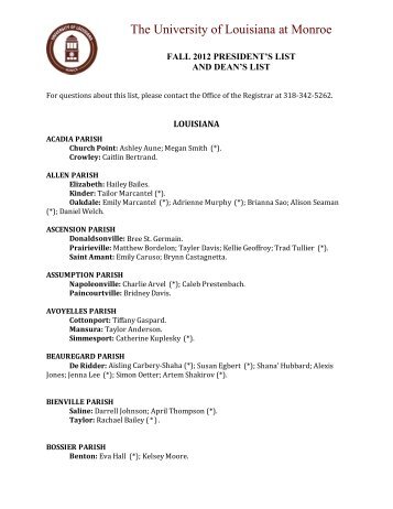 a PDF of ULM's Fall 2012 President's List - University of Louisiana at ...