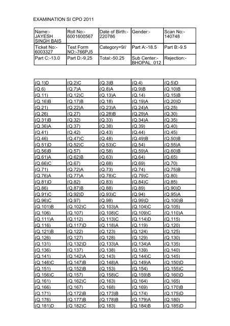 Examination Si Cpo 11 Name Jayesh Singh Bais Ssc