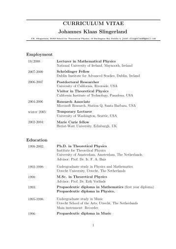 CURRICULUM VITAE Johannes Klaas Slingerland - Department of ...