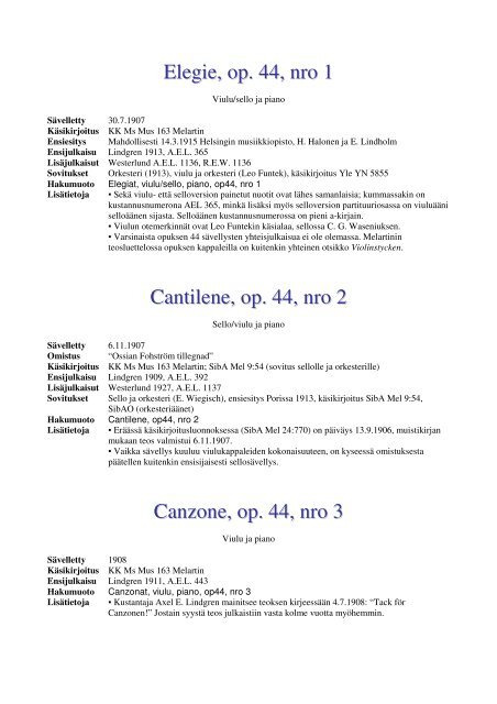 Elegie, op. 44, nro 1 Cantilene, op. 44, nro 2 Canzone, op. 44, nro 3