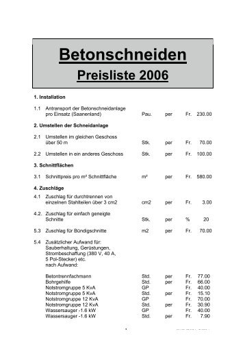 Betonschneiden Preisliste 2006 - Thoenen Baut AG