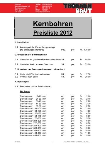 Kernbohren Preisliste 2012 - Thoenen Baut AG