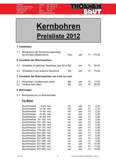 Kernbohren Preisliste 2012 - Thoenen Baut AG