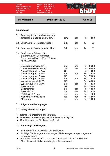 Kernbohren Preisliste 2012 - Thoenen Baut AG