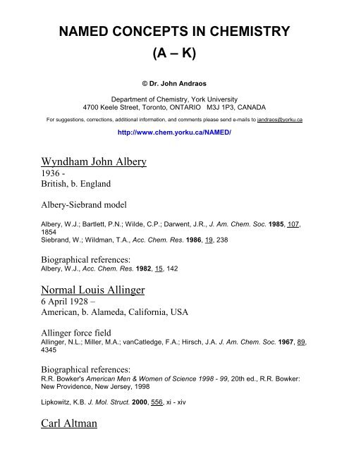 Named Concepts In Chemistry A K Department Of