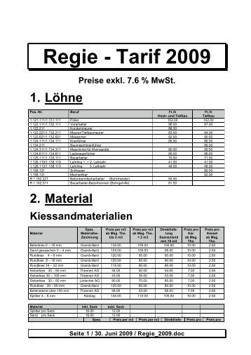 Regie - Tarif 2009 - Thoenen Baut AG