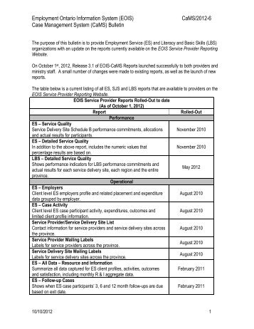 Employment Ontario Information System (EOIS) CaMS/2012-6