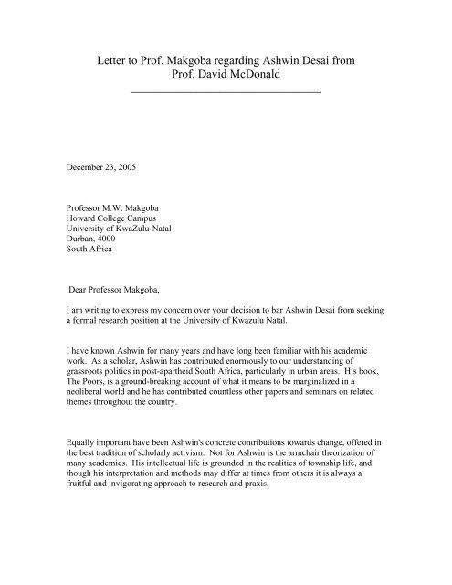 Letter To Prof Makgoba Regarding Ashwin Desai From Prof David