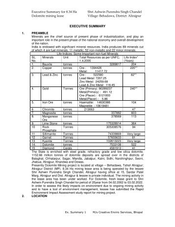 Executive Summary for 8.34 Ha Dolomite mining lease Shri Ashwin ...