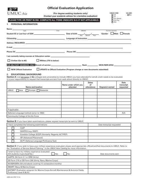 Official Evaluation Application Umuc Asia