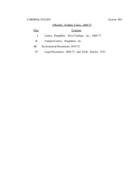 CARDINAL CULLEN Section 48/1 O'Keeffe (Callan) Cases, 1869-77 ...