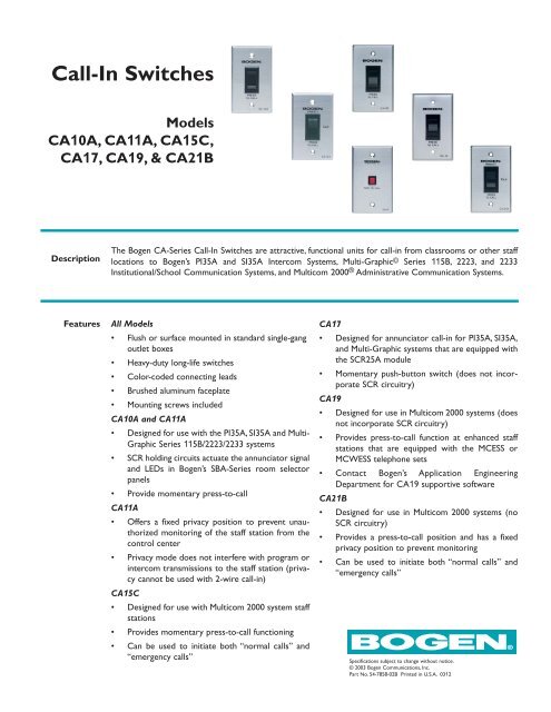 CA10A, CA11A, CA15C, CA17, CA19, CA21B Spec - Call-In Switches