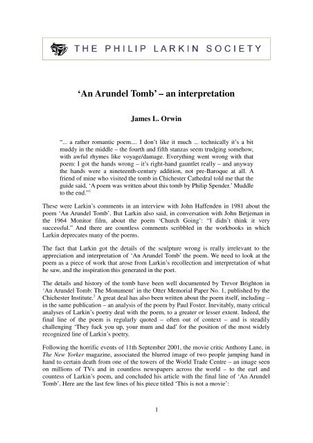 An Arundel Tomb An Interpretation The Philip Larkin Society