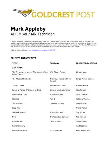 Mark Appleby CV.pdf - Goldcrest Films