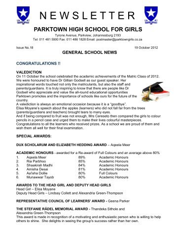 Newsletter 18 : 19 October 2012 - Parktown High School for Girls