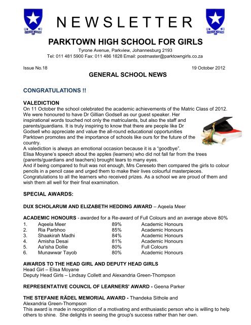 Newsletter 18 : 19 October 2012 - Parktown High School for Girls