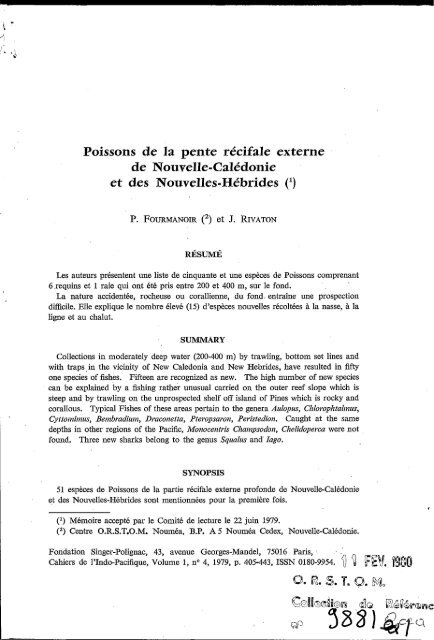 Poissons de la pente récifale externe de Nouvelle-Calédonie ... - IRD