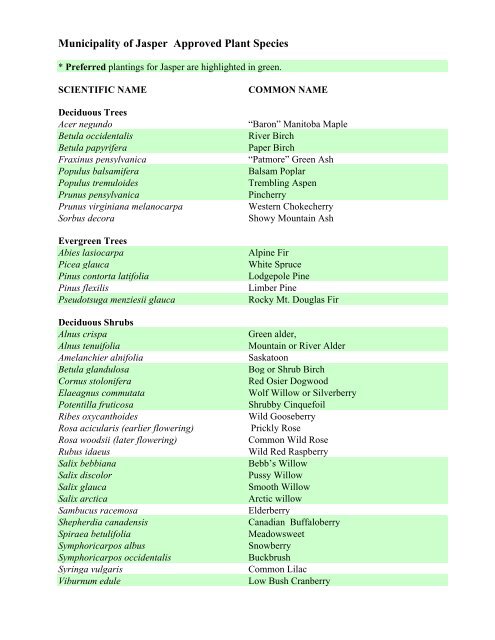 Municipality of Jasper Approved Plant Species