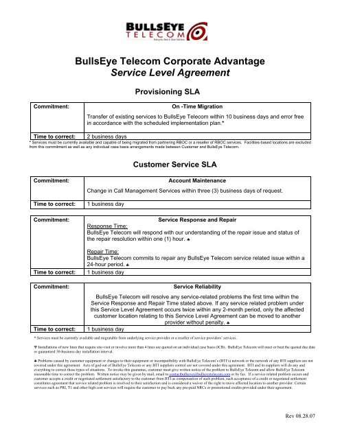 BullsEye Telecom Corporate Advantage Service Level Agreement