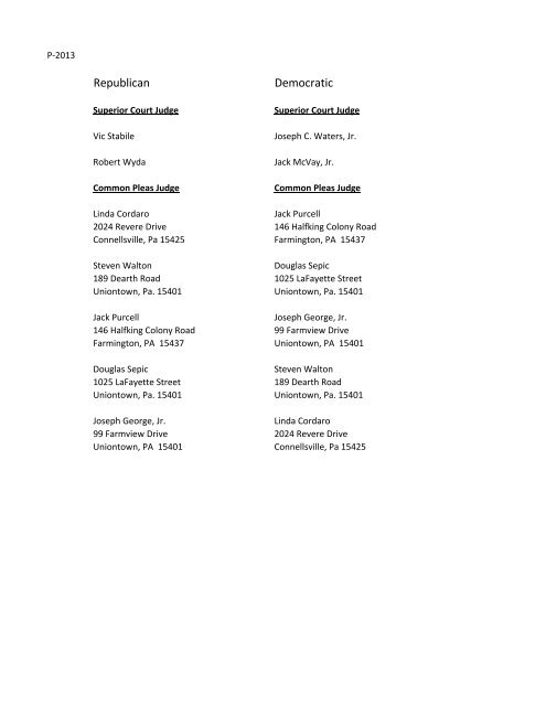 Primary 2013 Candidate List - Fayette County