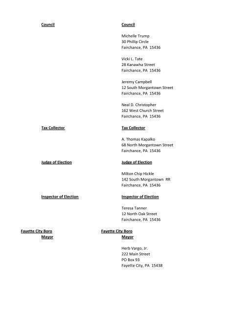 Primary 2013 Candidate List - Fayette County