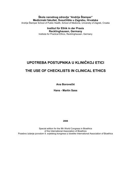 Upotreba Postupnika U Klinickoj Etici The Use Of Checklists In Clinical