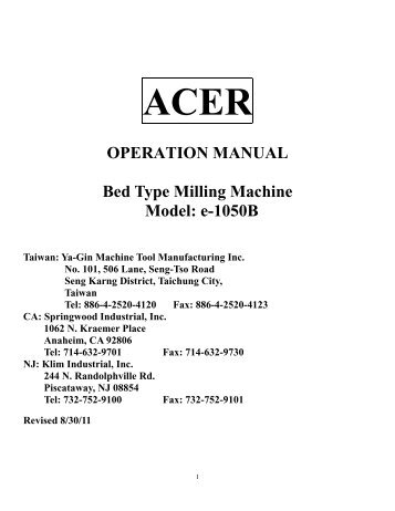 OPERATION MANUAL Bed Type Milling Machine Model: e-1050B