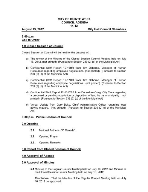 CITY OF QUINTE WEST COUNCIL AGENDA 14-12 August 13, 2012 ...