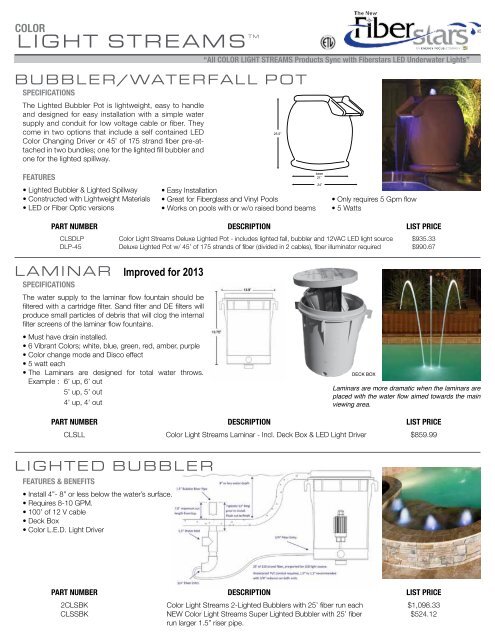 Color Light Streams Builder Spec Sheet - Fiberstars Pool and Spa