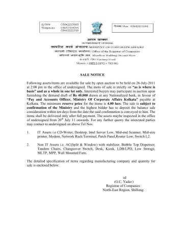 Notice for sale of RFO assets at ROC Shillong. - Ministry of ...