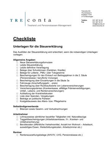 Checkliste Unterlagen für die Steuererklärung - Treconta AG