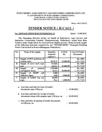 TENDER NOTICE ( II-CALL ) - Government of Puducherry