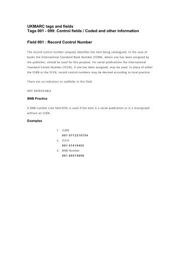 UKMARC tags and fields Tags 001 - 099: Control ... - British Library