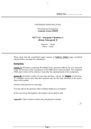 KTT 111 – Inorganic Chemistry I [Kimia Takorganik I] - USM