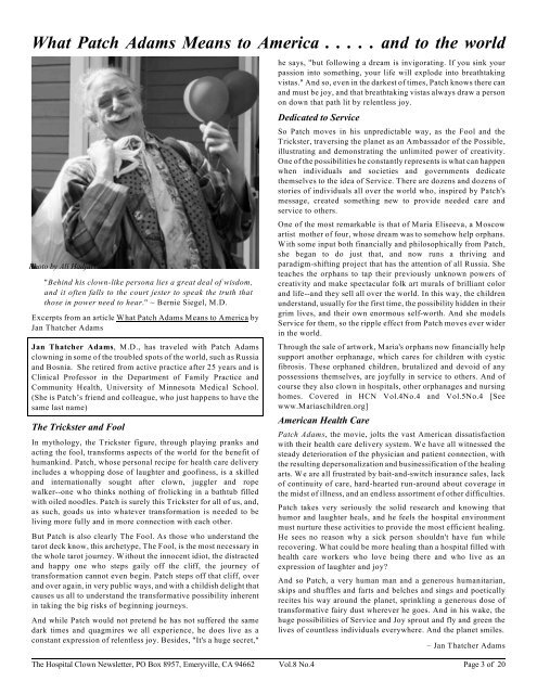 Patch Adams Today What Patch Adams Means to America . . . . . and to - Hospital Clown ...