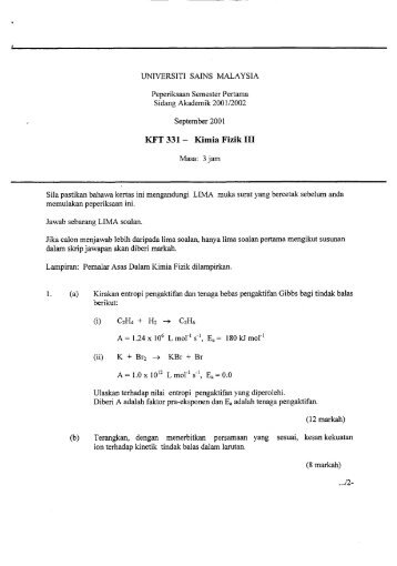 KFT 331 - Kimia Fizik III (ii) 1q + Brz + KBr + $1 A ... - ePrints@USM