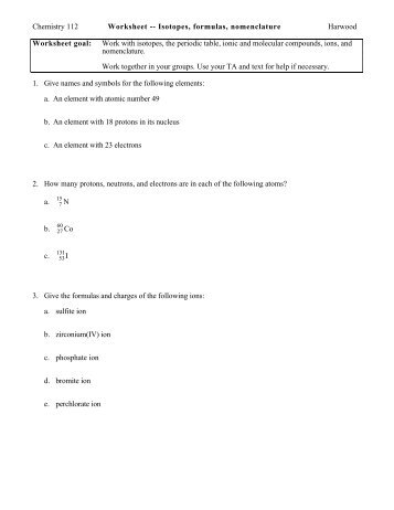 Chemistry 112 Worksheet -- Isotopes, formulas, nomenclature - UIC ...