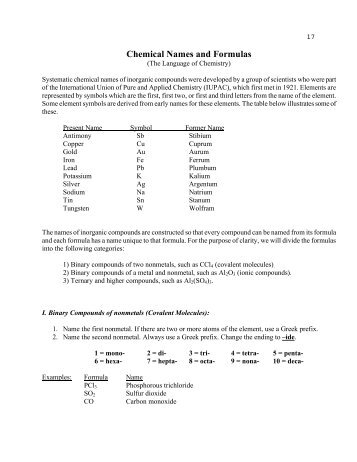 Chemical Names and Formulas - The Chemistry 104 Homepage