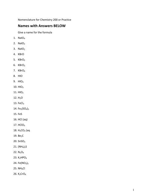 Nomenclature for Chemistry 200 or Practice