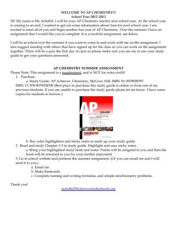 ap chemistry summer assignment - Cherry Creek School District