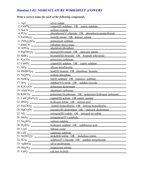 Handout 1-02: NOMENCLATURE WORKSHEET ANSWERS