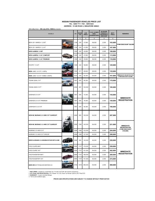 nissan passenger vehicles price list immediate registration - Car