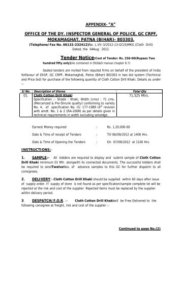 Tender for Purchase of Cloth Cotton Drill Khaki - Central Reserve ...