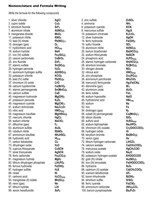 Nomenclature And Formula Writing Write The Formula For The