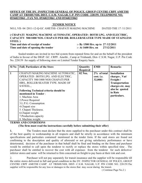 office of the dy. inspector general of police, group centre ... - Tender