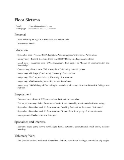 Floor Sietsma: Curriculum Vitae - CWI