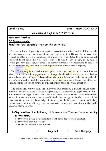 Level : 3ASL School Year: 2009/2010 Assessment English N°02 ...