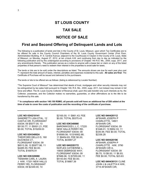 ST LOUIS COUNTY TAX SALE NOTICE OF SALE First and Second ...