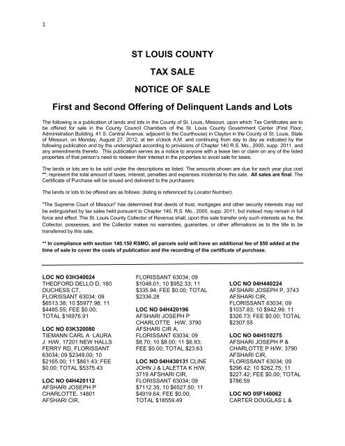 ST LOUIS COUNTY TAX SALE NOTICE OF SALE First and Second ...